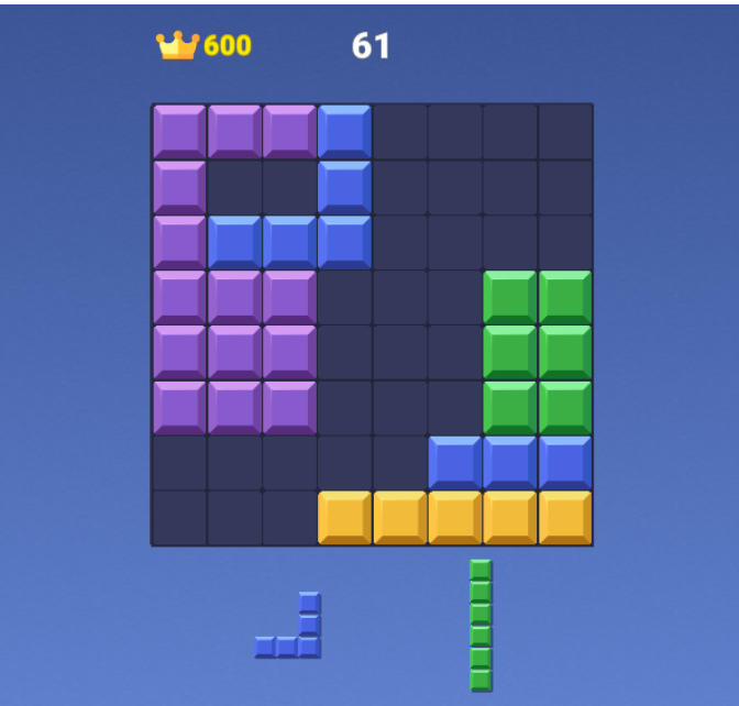 Block Blast grid with a full row about to clear and a combo score multiplier activating