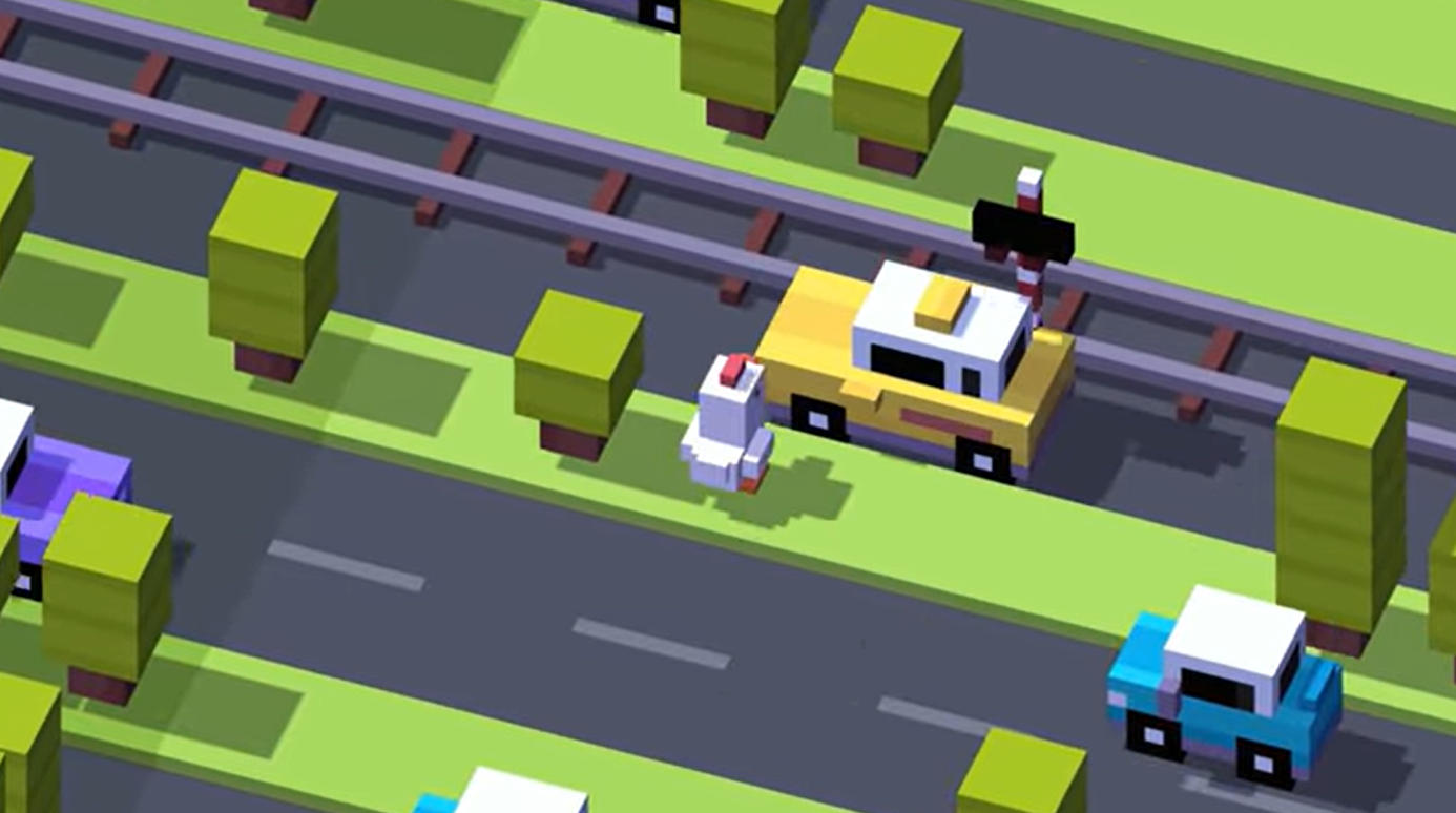 Crossy Road gameplay with a character crossing busy voxel roads