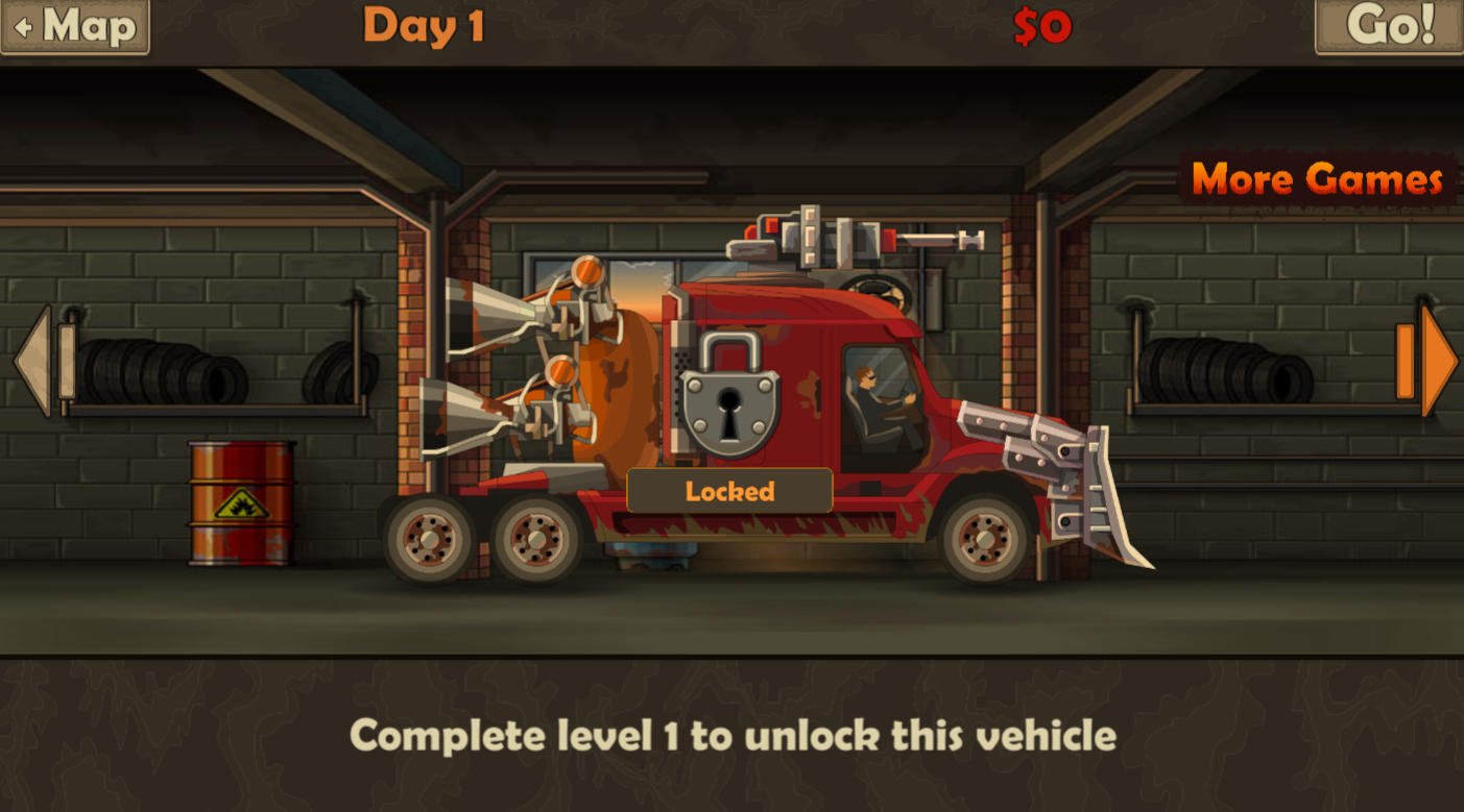 Earn To Die garage screen for upgrading the vehicle, fuel, weapons and boost